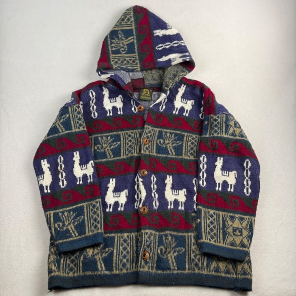 Ruminahui Vintage Wool Hooded Cardigan Llama‎ Intarsia Sweater Ecuador Mens L